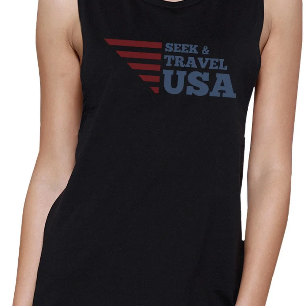 Seek & Travel USA Womens Black Sleeveless Tee Round Neck Cotton