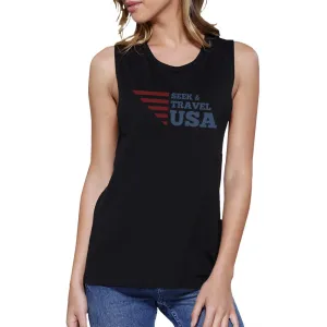 Seek & Travel USA Womens Black Sleeveless Tee Round Neck Cotton