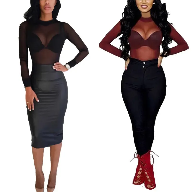 Sexy Women T Shirt See Through Transparent Mesh Tops Long Sleeve Sheer T-Shirt