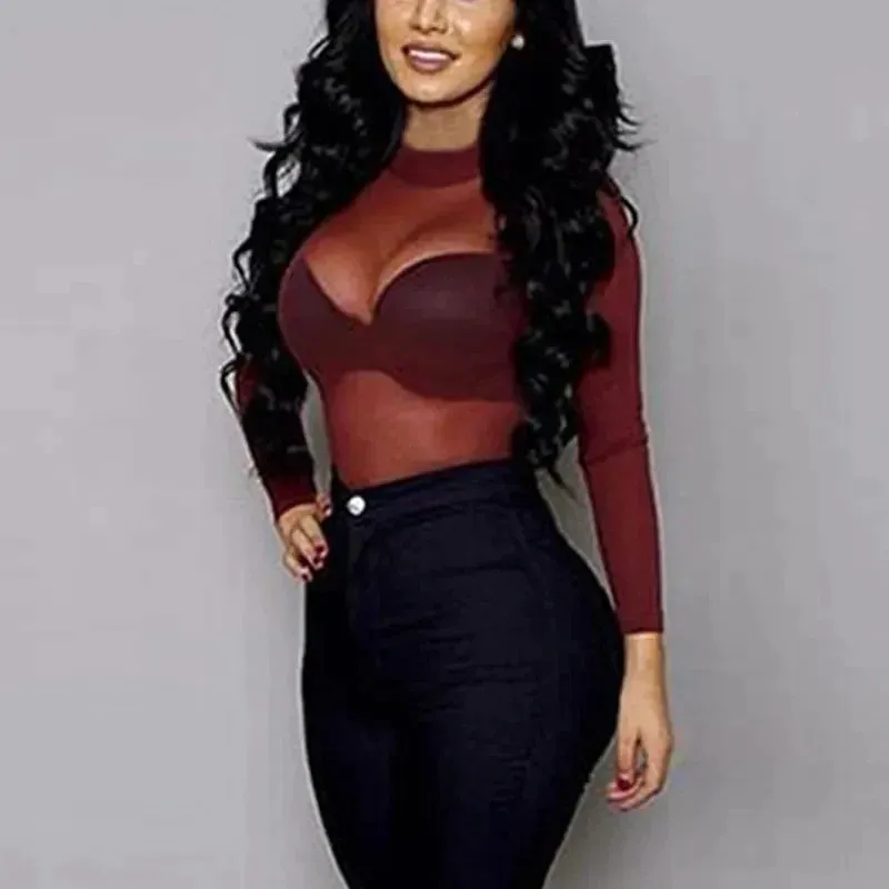 Sexy Women T Shirt See Through Transparent Mesh Tops Long Sleeve Sheer T-Shirt