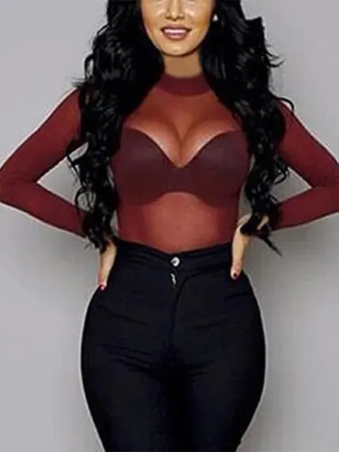 Sexy Women T Shirt See Through Transparent Mesh Tops Long Sleeve Sheer T-Shirt