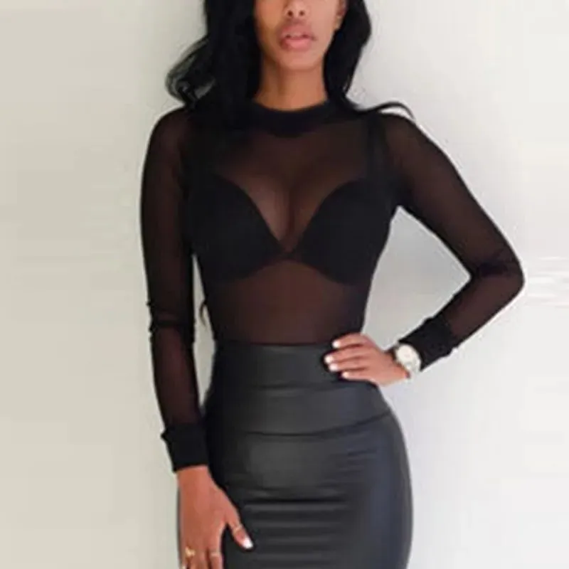 Sexy Women T Shirt See Through Transparent Mesh Tops Long Sleeve Sheer T-Shirt