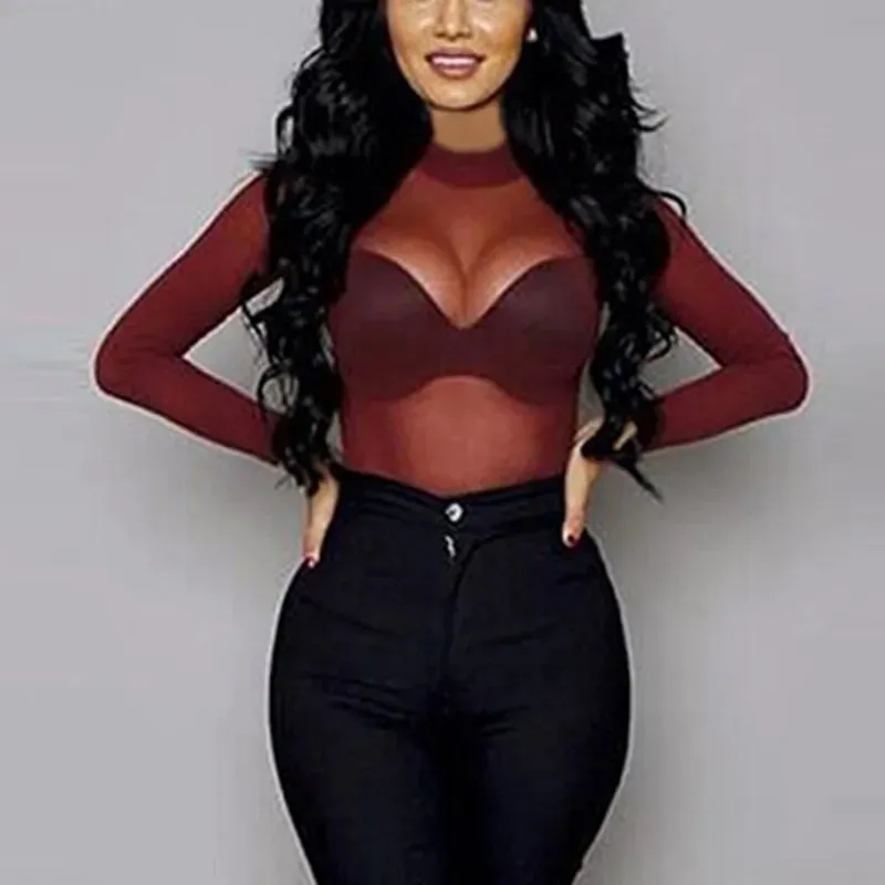 Sexy Women T Shirt See Through Transparent Mesh Tops Long Sleeve Sheer T-Shirt