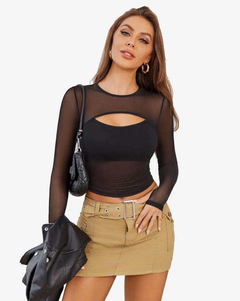 Sheer Mesh Long Sleeve Crop Top
