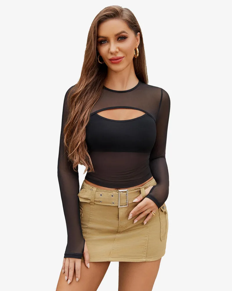 Sheer Mesh Long Sleeve Crop Top