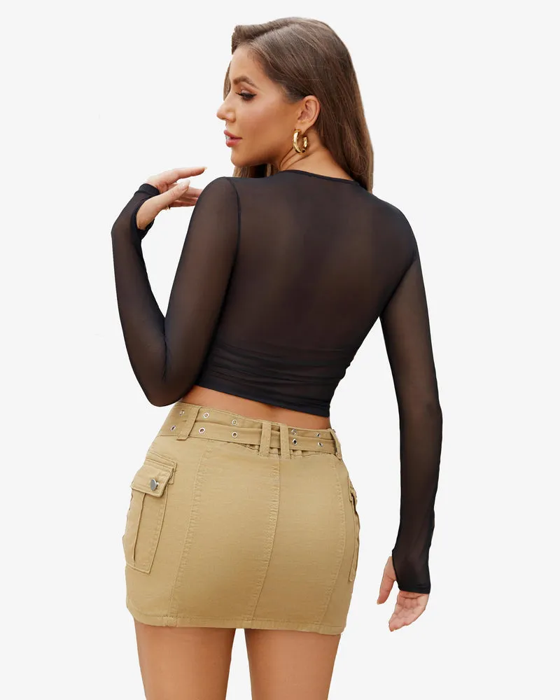 Sheer Mesh Long Sleeve Crop Top