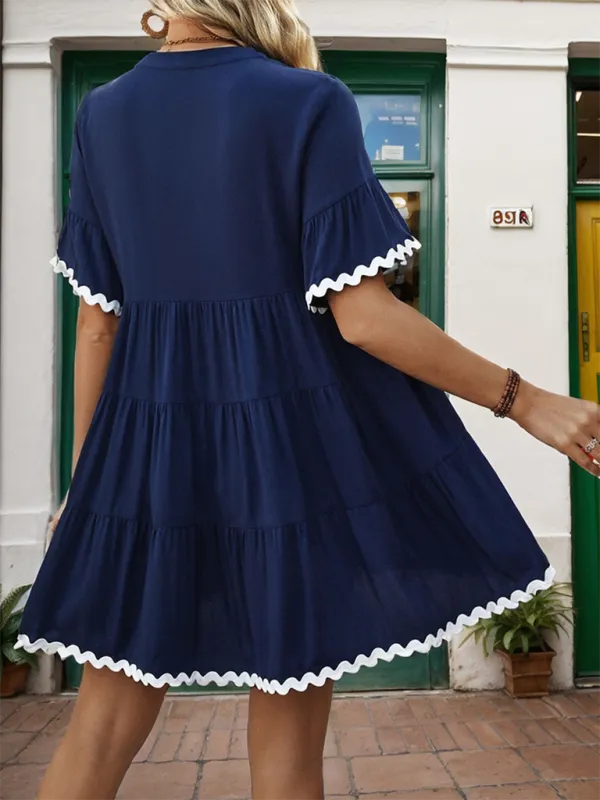 Summer Tiered A-Line Dress with Ric-Rac Hem and Short Sleeves