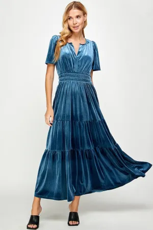 Teal Velvet Tiered Dress