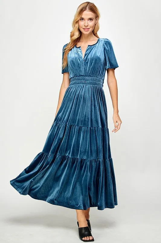 Teal Velvet Tiered Dress