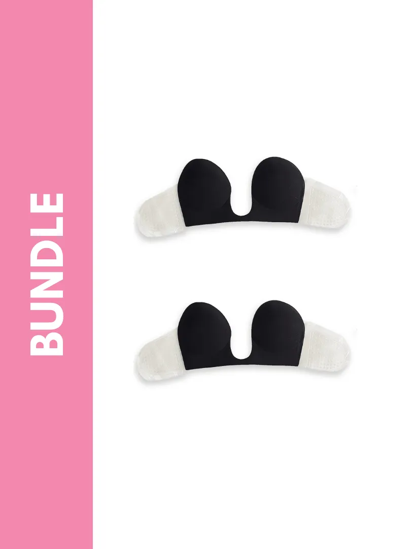Ultimate Strapless Plunge Push Up Reusable Adhesive Underwire Reusable Bra Bundle Pack in Black (2 Pack)