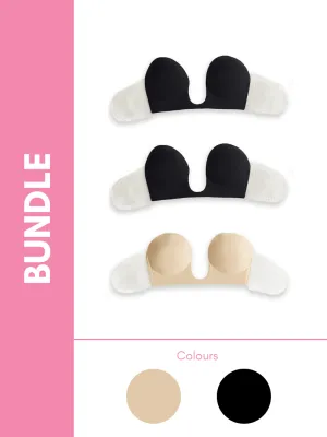 Ultimate Strapless Plunge Reusable Adhesive Push Up Underwire Bra Bundle Pack in Black & Skin (3 Pack)