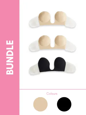 Ultimate Strapless Plunge Reusable Adhesive Push Up Underwire Bra Bundle Pack in Skin & Black (3 Pack)