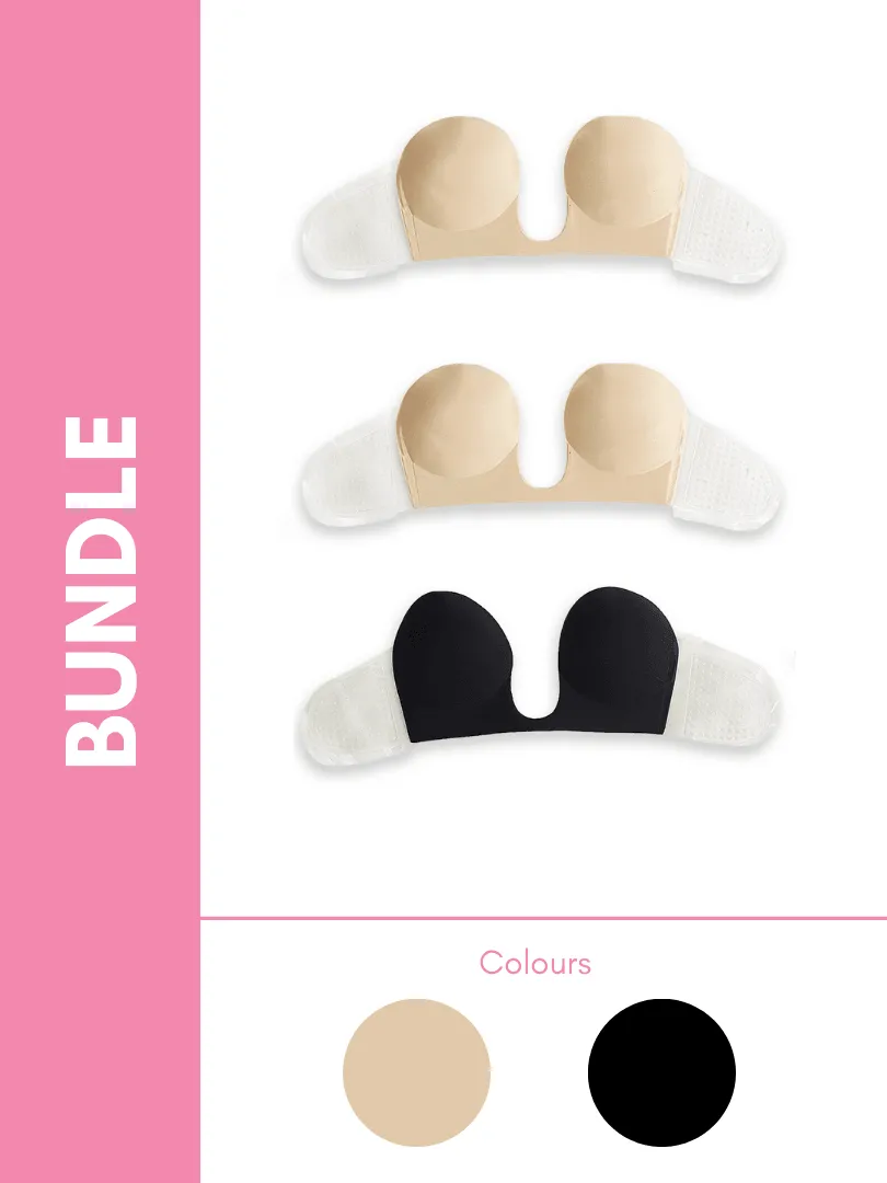 Ultimate Strapless Plunge Reusable Adhesive Push Up Underwire Bra Bundle Pack in Skin & Black (3 Pack)