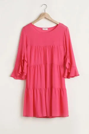 Umgee Tiered Hot Pink Dress with Ruffled Sleeves