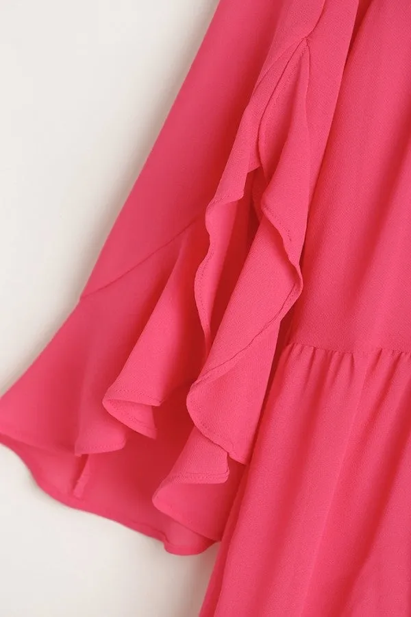 Umgee Tiered Hot Pink Dress with Ruffled Sleeves