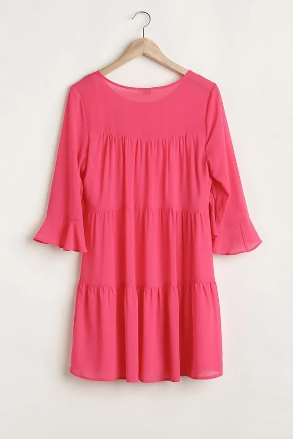 Umgee Tiered Hot Pink Dress with Ruffled Sleeves