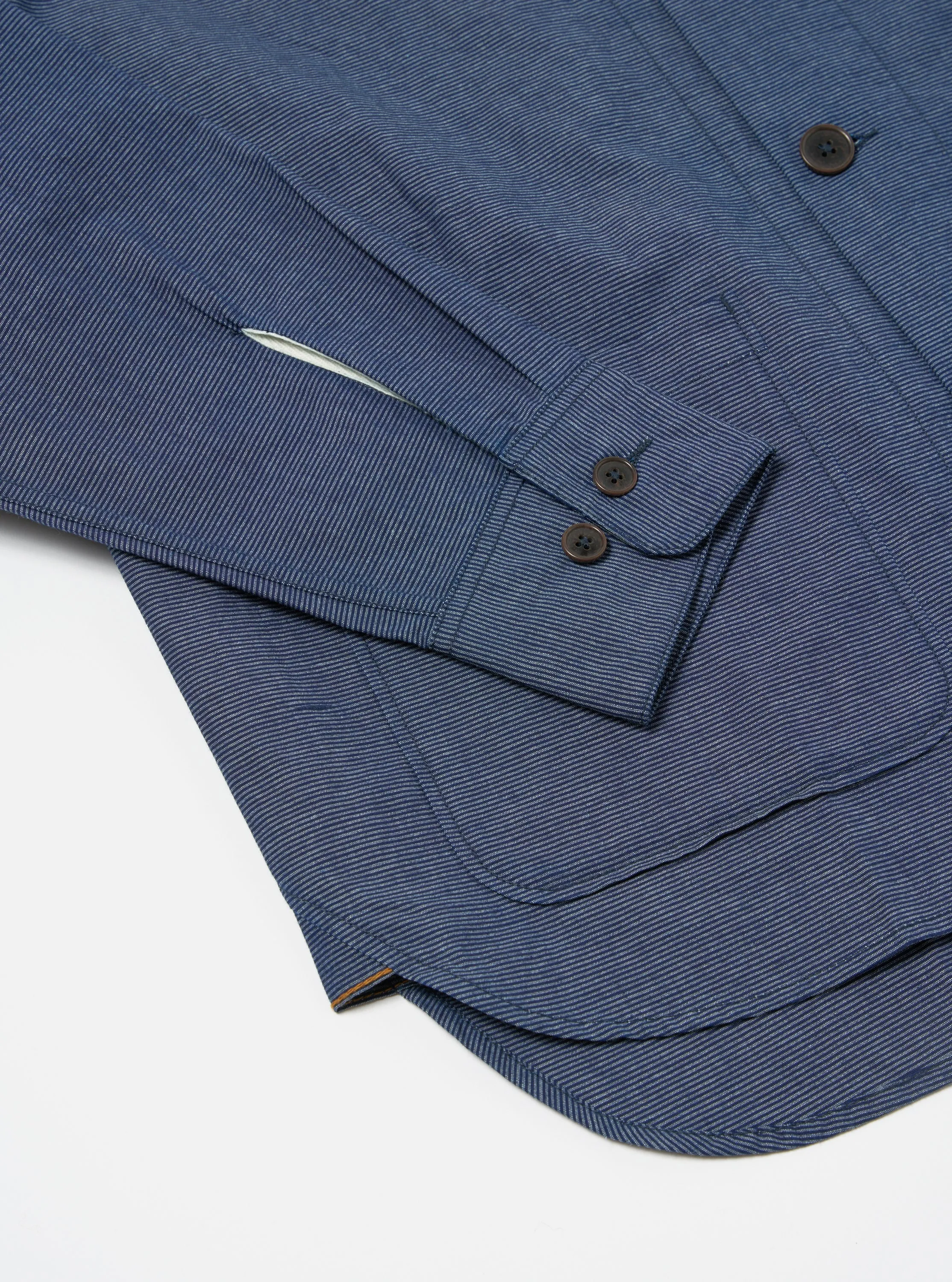 Universal Works Travail Overshirt in Indigo Denim Pinstripe