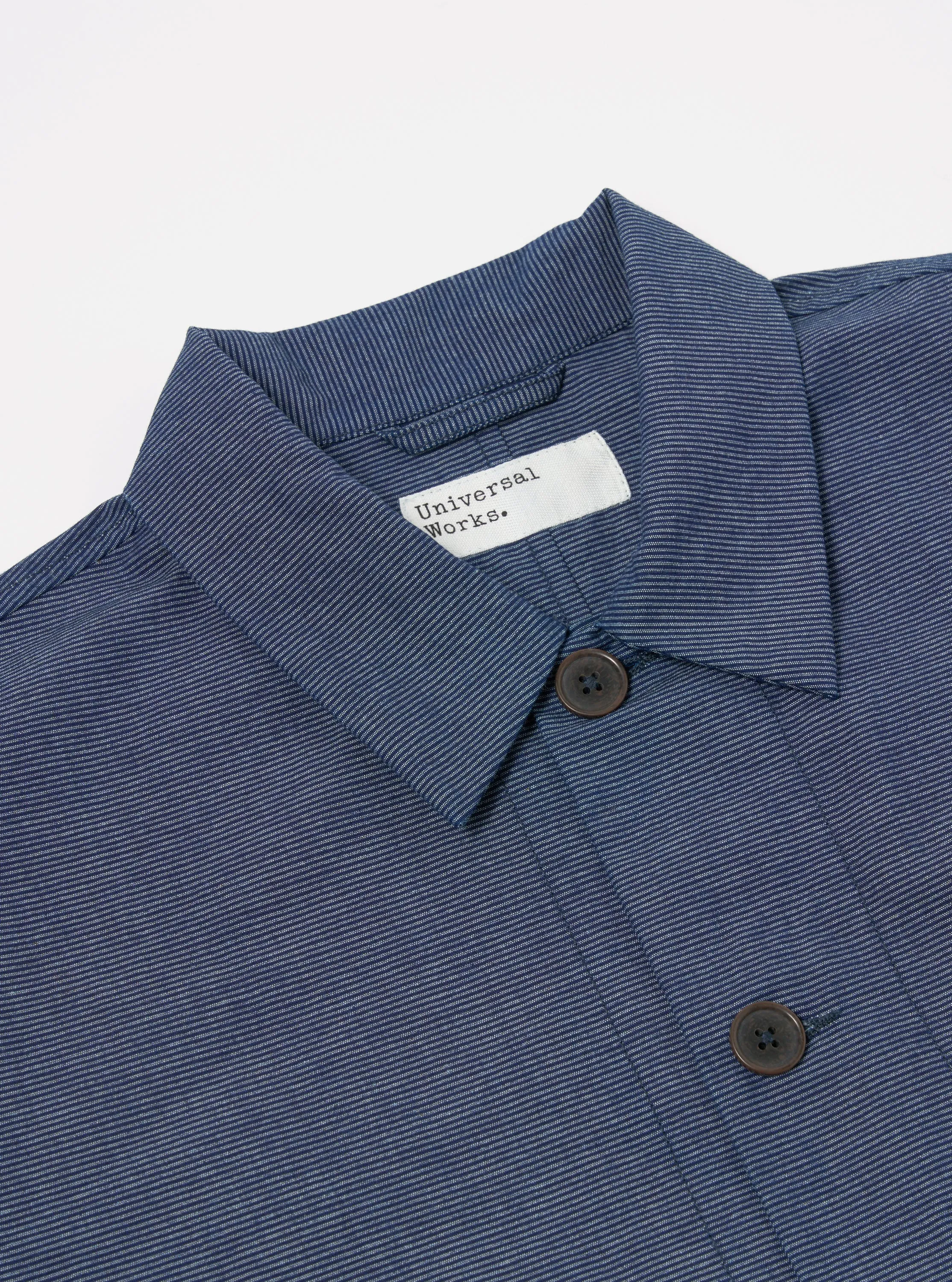 Universal Works Travail Overshirt in Indigo Denim Pinstripe
