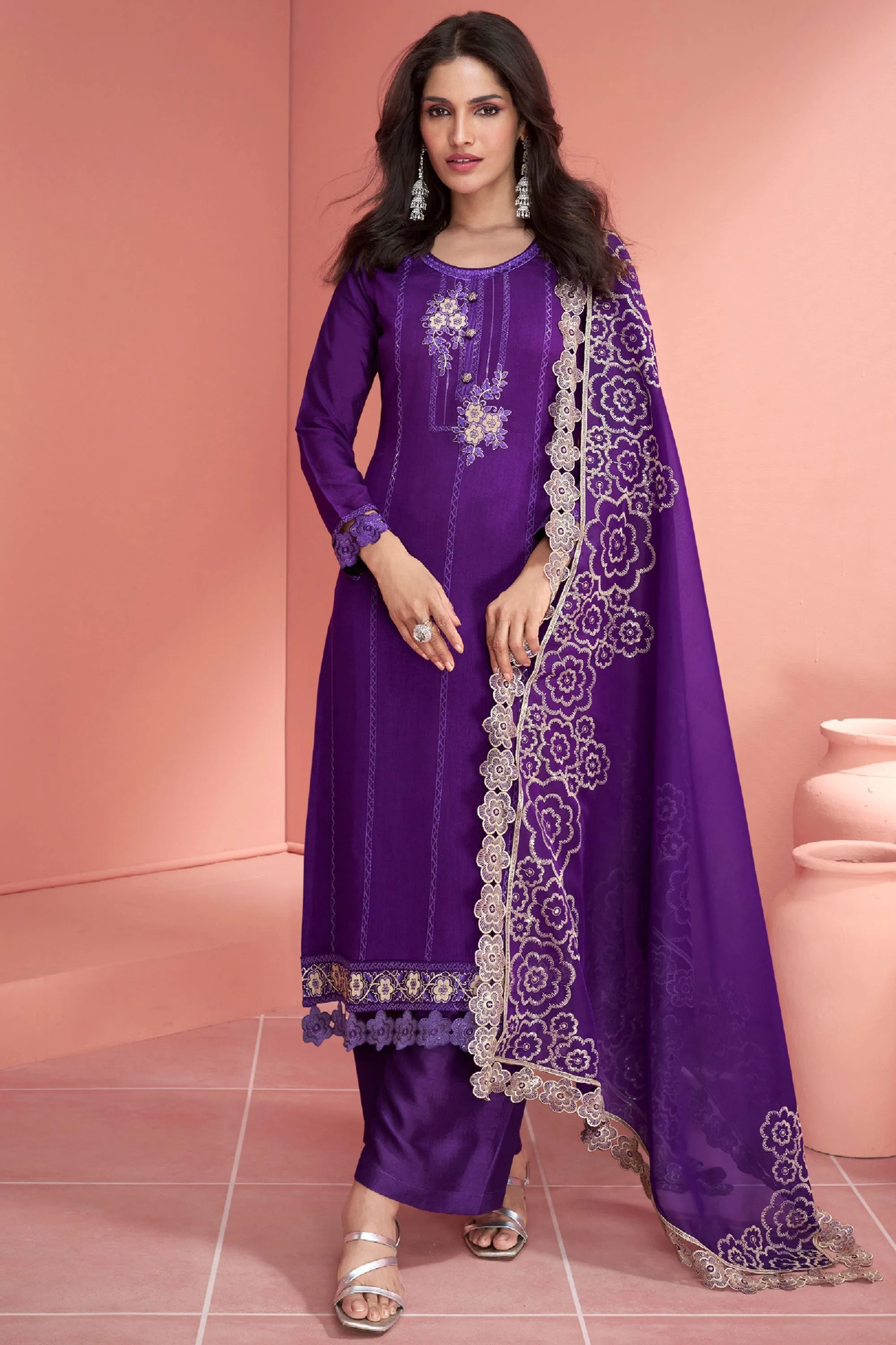 Vartika Singh Art Silk Fabric Purple Color Graceful Function Wear Palazzo Suit