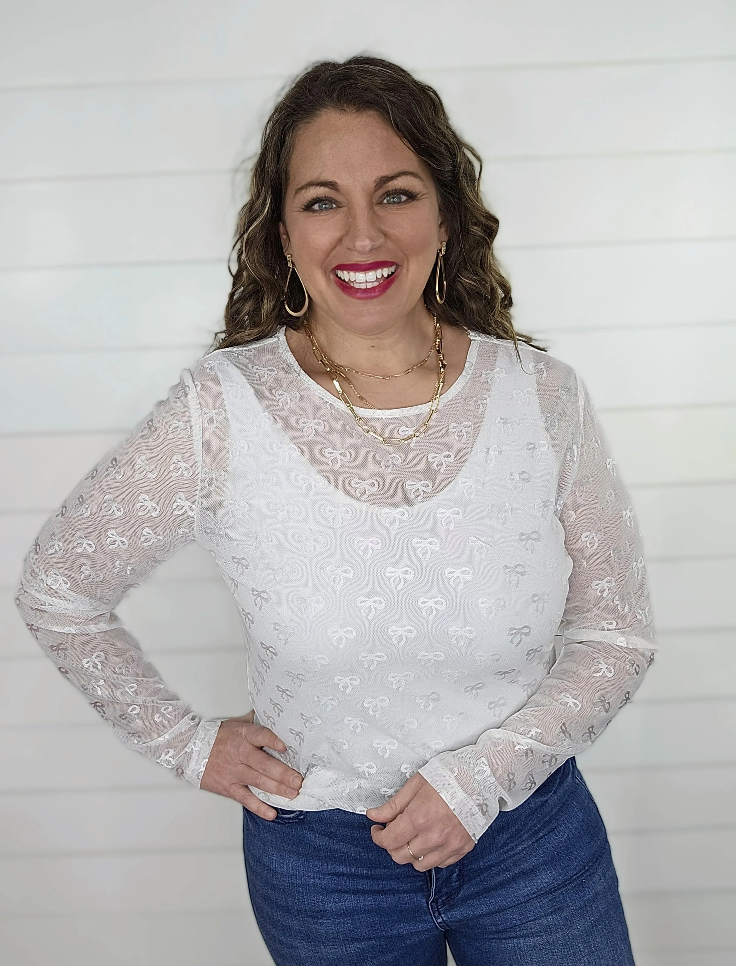 WHITE BOW MESH TOP