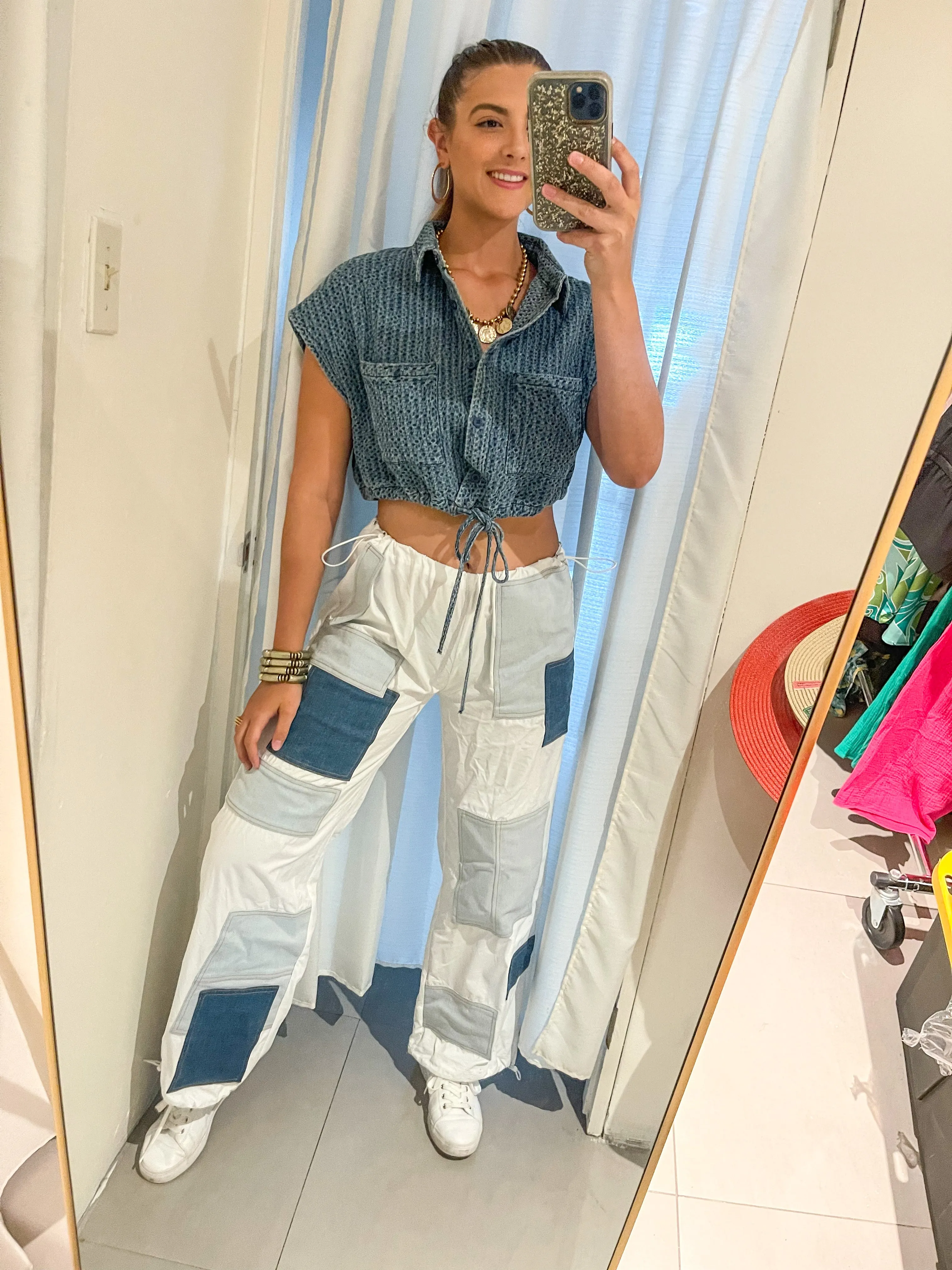 WHITE DENIM PATCH CARGO PANTS