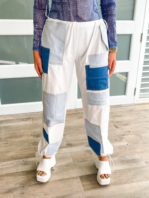 WHITE DENIM PATCH CARGO PANTS