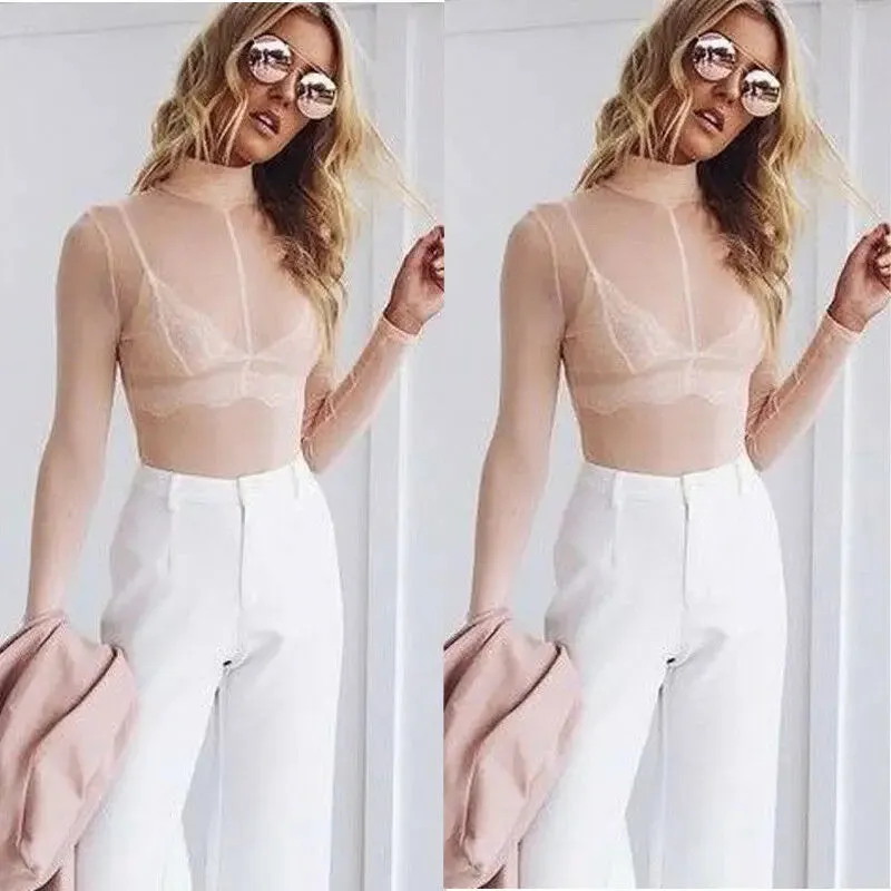 Women Sheer Mesh T-Shirts Fish Net Long Sleeve Tops