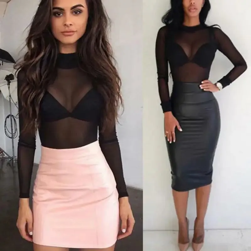 Women Sheer Mesh T-Shirts Fish Net Long Sleeve Tops