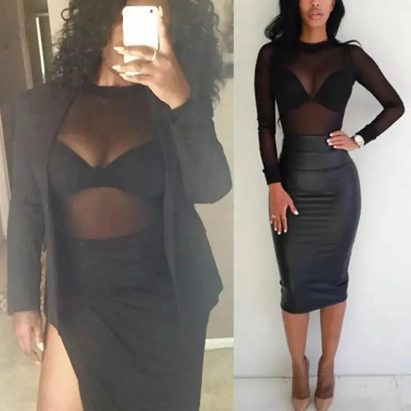 Women Sheer Mesh T-Shirts Fish Net Long Sleeve Tops