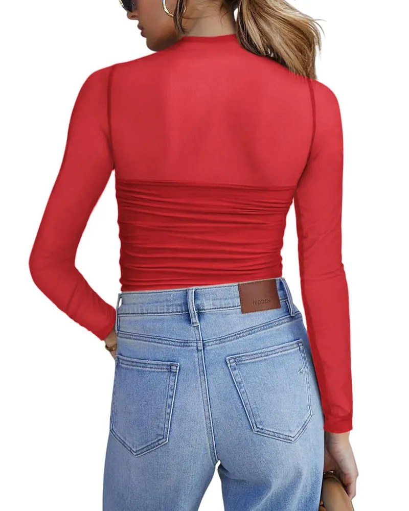 Zeagoo Women's Sexy Mock Turtle Neck Long Sleeve Sheer Tops