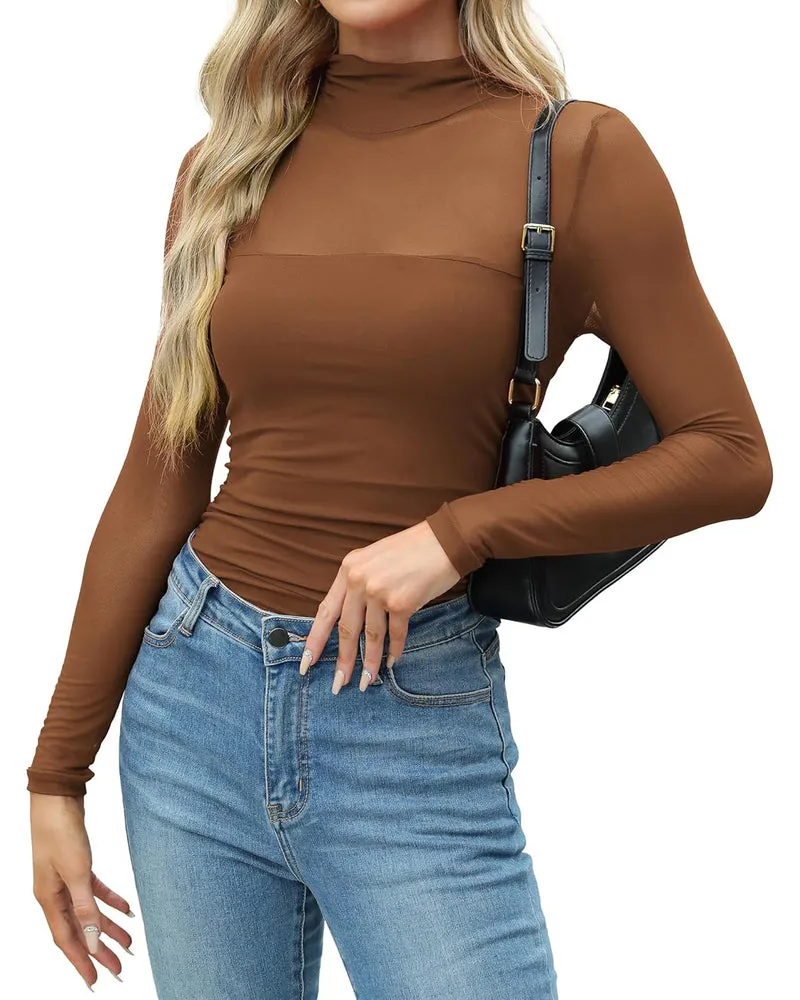 Zeagoo Women's Sexy Mock Turtle Neck Long Sleeve Sheer Tops