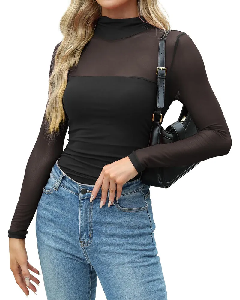 Zeagoo Women's Sexy Mock Turtle Neck Long Sleeve Sheer Tops
