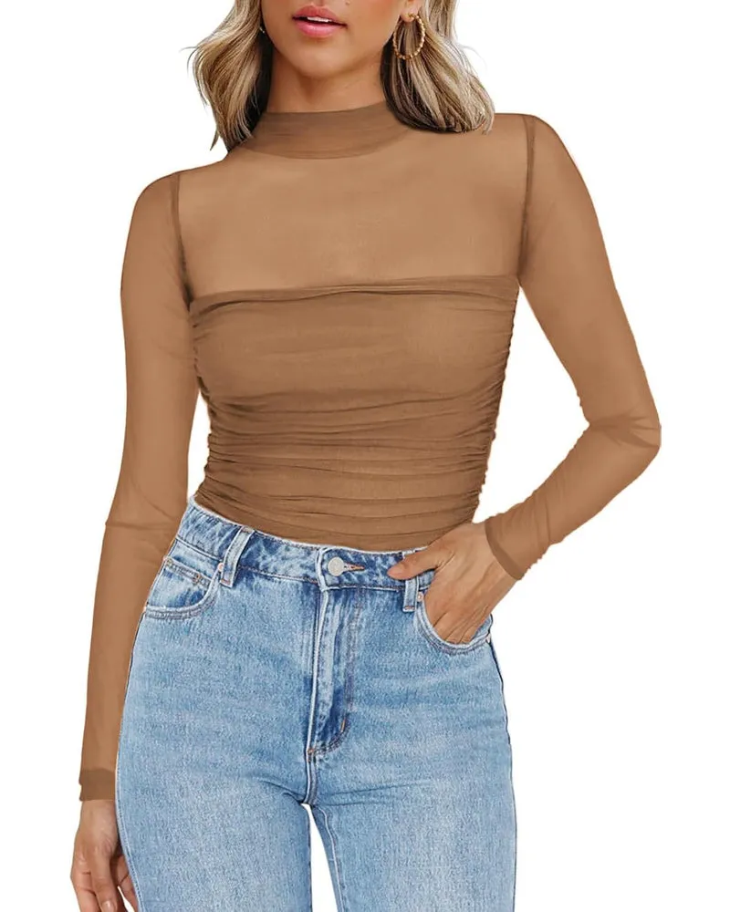 Zeagoo Women's Sexy Mock Turtle Neck Long Sleeve Sheer Tops