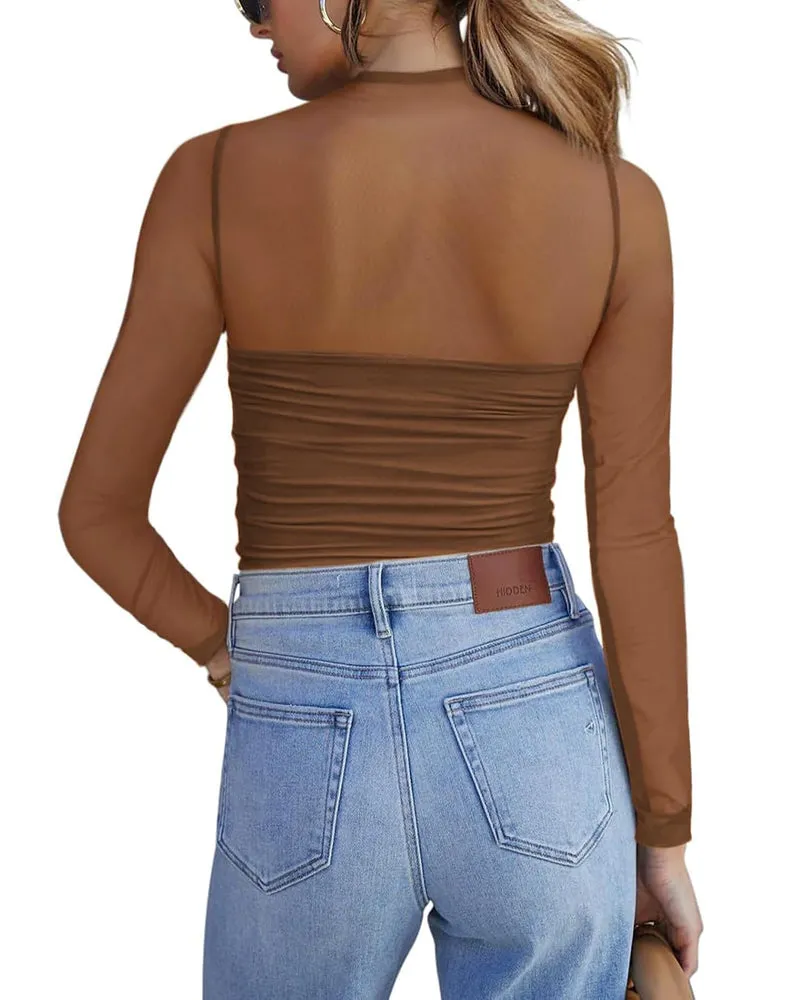 Zeagoo Women's Sexy Mock Turtle Neck Long Sleeve Sheer Tops