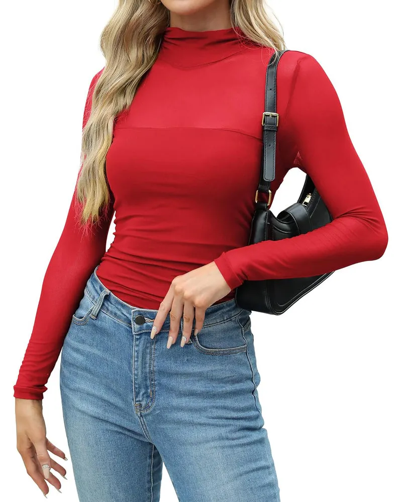 Zeagoo Women's Sexy Mock Turtle Neck Long Sleeve Sheer Tops