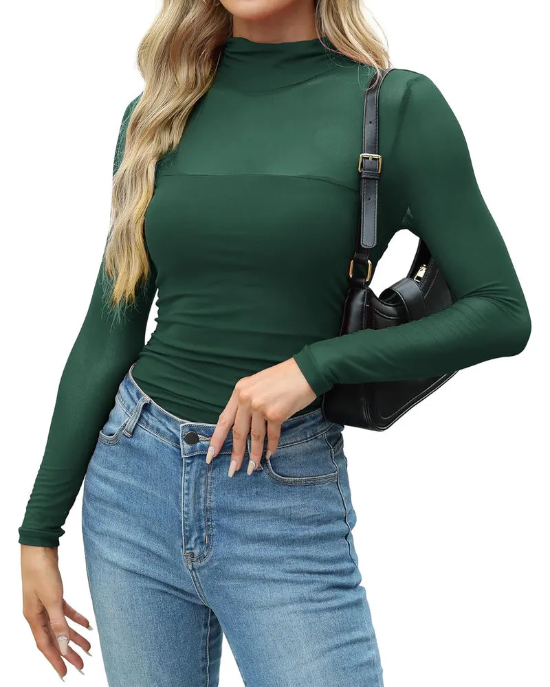 Zeagoo Women's Sexy Mock Turtle Neck Long Sleeve Sheer Tops