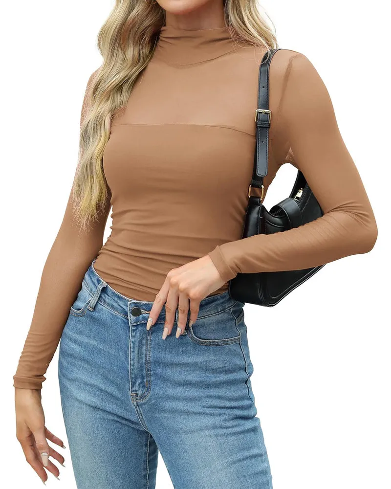 Zeagoo Women's Sexy Mock Turtle Neck Long Sleeve Sheer Tops
