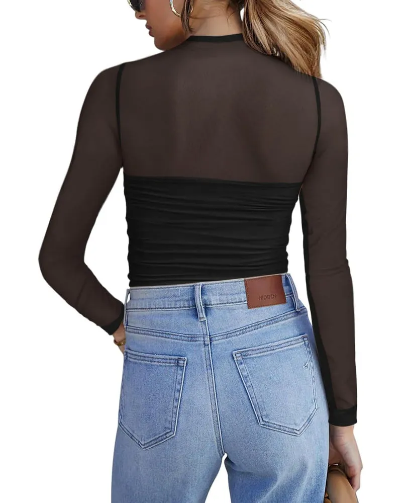 Zeagoo Women's Sexy Mock Turtle Neck Long Sleeve Sheer Tops