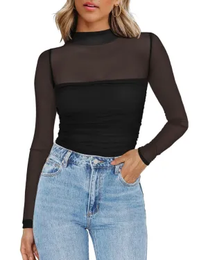 Zeagoo Women's Sexy Mock Turtle Neck Long Sleeve Sheer Tops