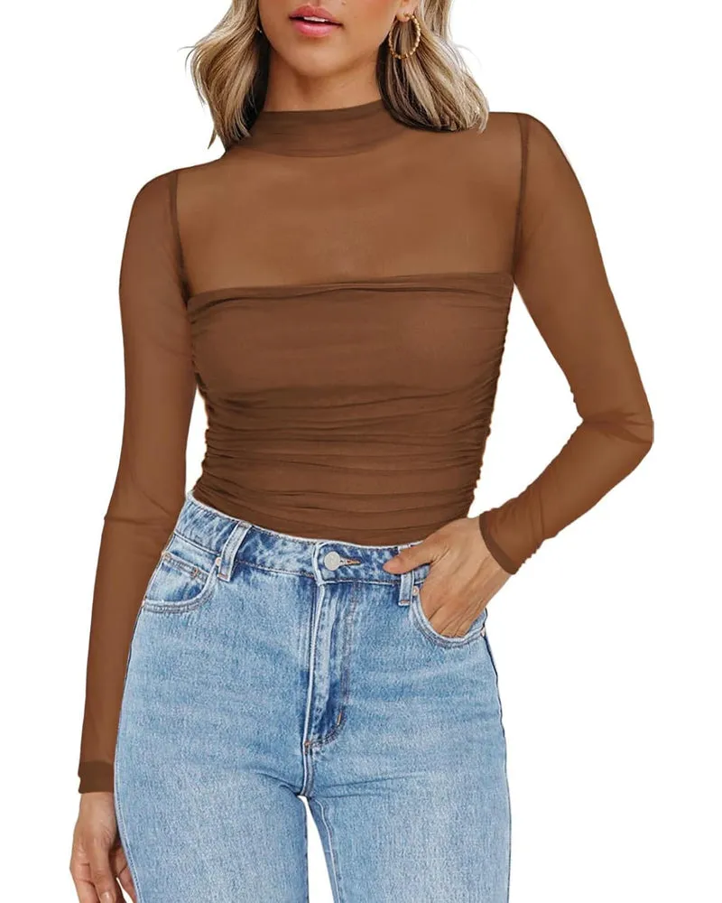 Zeagoo Women's Sexy Mock Turtle Neck Long Sleeve Sheer Tops