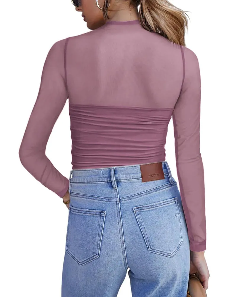 Zeagoo Women's Sexy Mock Turtle Neck Long Sleeve Sheer Tops