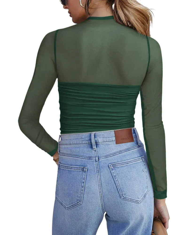 Zeagoo Women's Sexy Mock Turtle Neck Long Sleeve Sheer Tops
