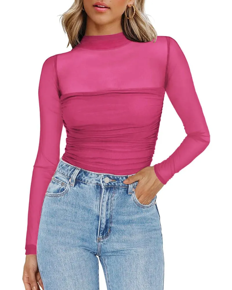 Zeagoo Women's Sexy Mock Turtle Neck Long Sleeve Sheer Tops