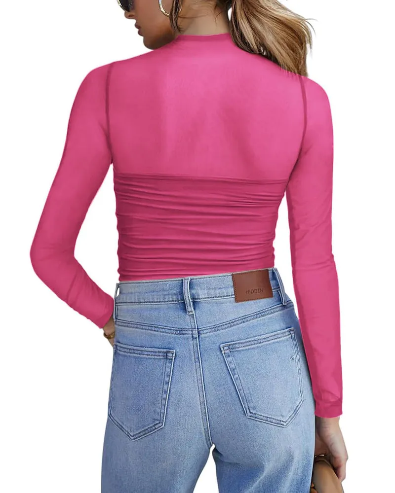 Zeagoo Women's Sexy Mock Turtle Neck Long Sleeve Sheer Tops