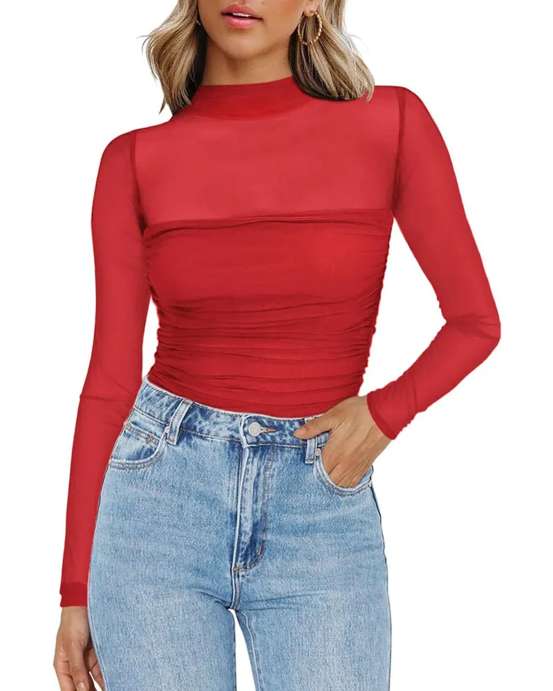 Zeagoo Women's Sexy Mock Turtle Neck Long Sleeve Sheer Tops