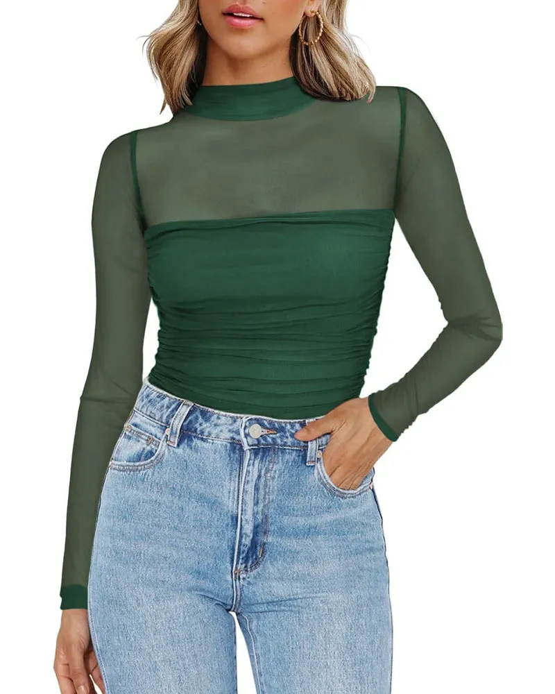 Zeagoo Women's Sexy Mock Turtle Neck Long Sleeve Sheer Tops