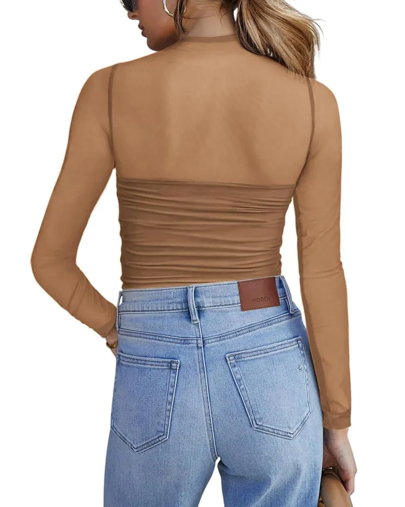 Zeagoo Women's Sexy Mock Turtle Neck Long Sleeve Sheer Tops
