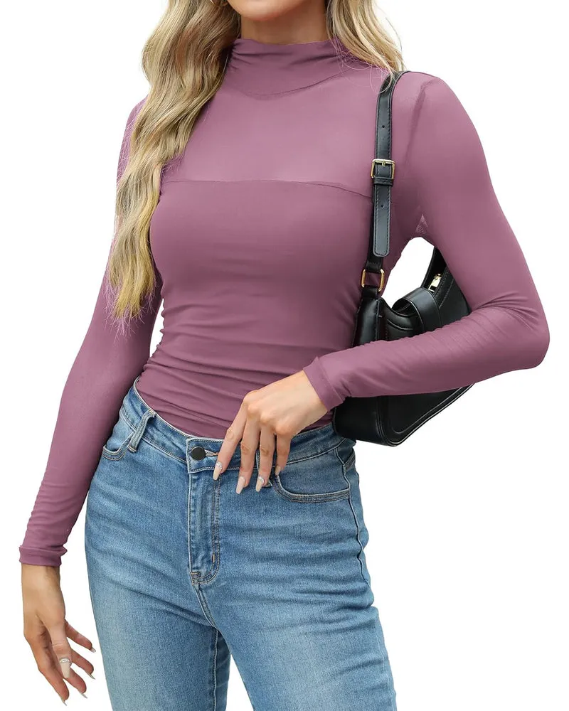 Zeagoo Women's Sexy Mock Turtle Neck Long Sleeve Sheer Tops