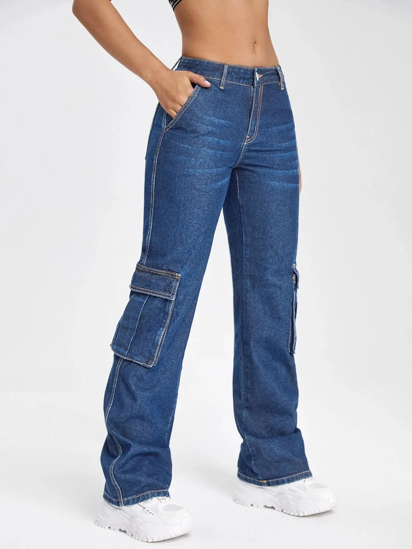 Zipper Fly Regular Fit Denim Cargo Jeans