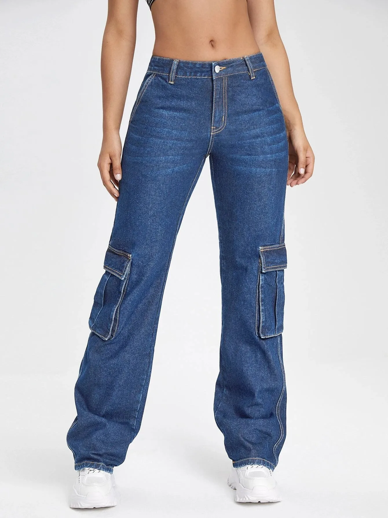 Zipper Fly Regular Fit Denim Cargo Jeans